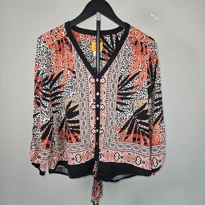 Ruby Rd Blouse Womens  PL Boho Tribal Animal Print Tie Front Button 3/4 Slv Top
